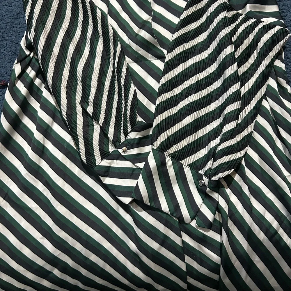 Zara Basics Blouse/dress. Vertical stripes color green navy blue/black and Beige - Picture 3 of 8